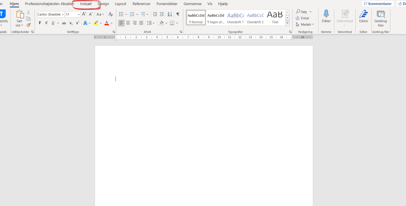 Skærmbillede der viser hvordan man indsætter tilføjelses programmet Mendeley Cite i Word: første skridt, klik på fanen "Indsæt"