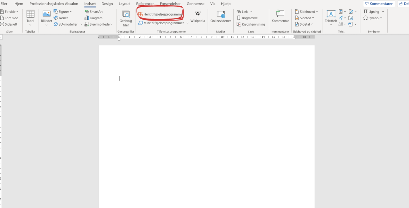 Skærmbillede der viser hvordan man indsætter tilføjelses programmet Mendeley Cite i Word: andet skridt, klik på "Hent tilføjelsesprogrammer"