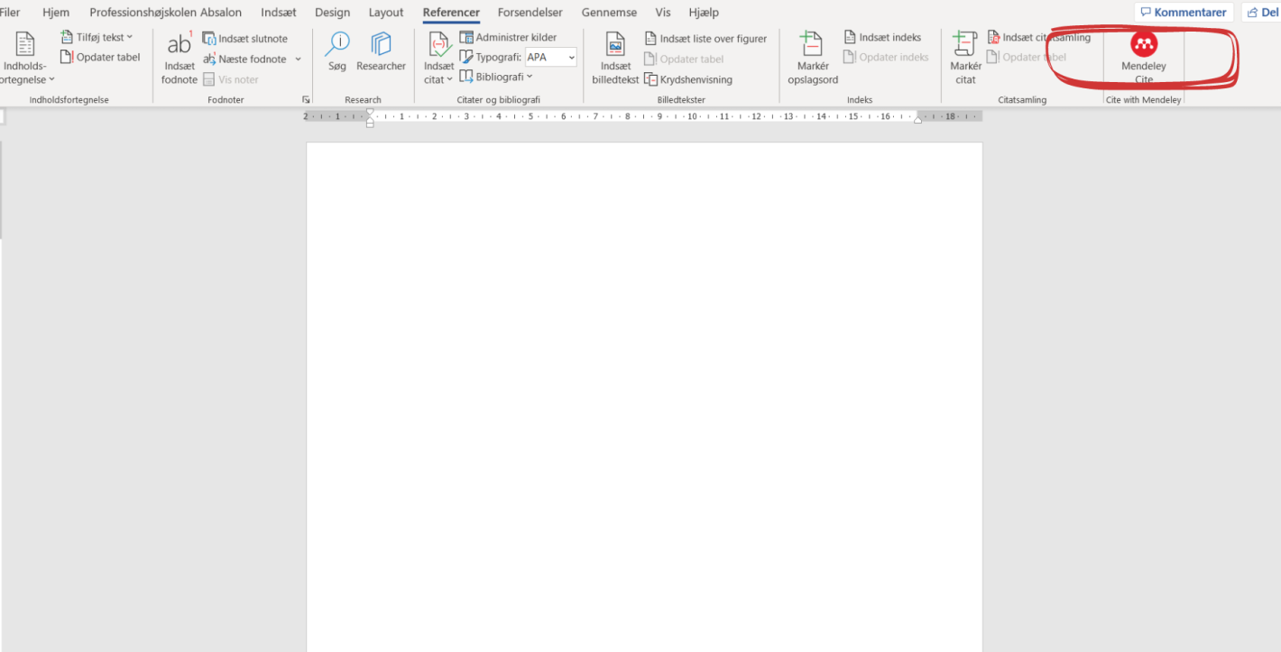 Skærmbillede der viser hvordan man indsætter tilføjelses programmet Mendeley Cite i Word: fjerde skridt, du finder nu Mendeley Cite som tilføjelsesprogram under fanen "Referencer"