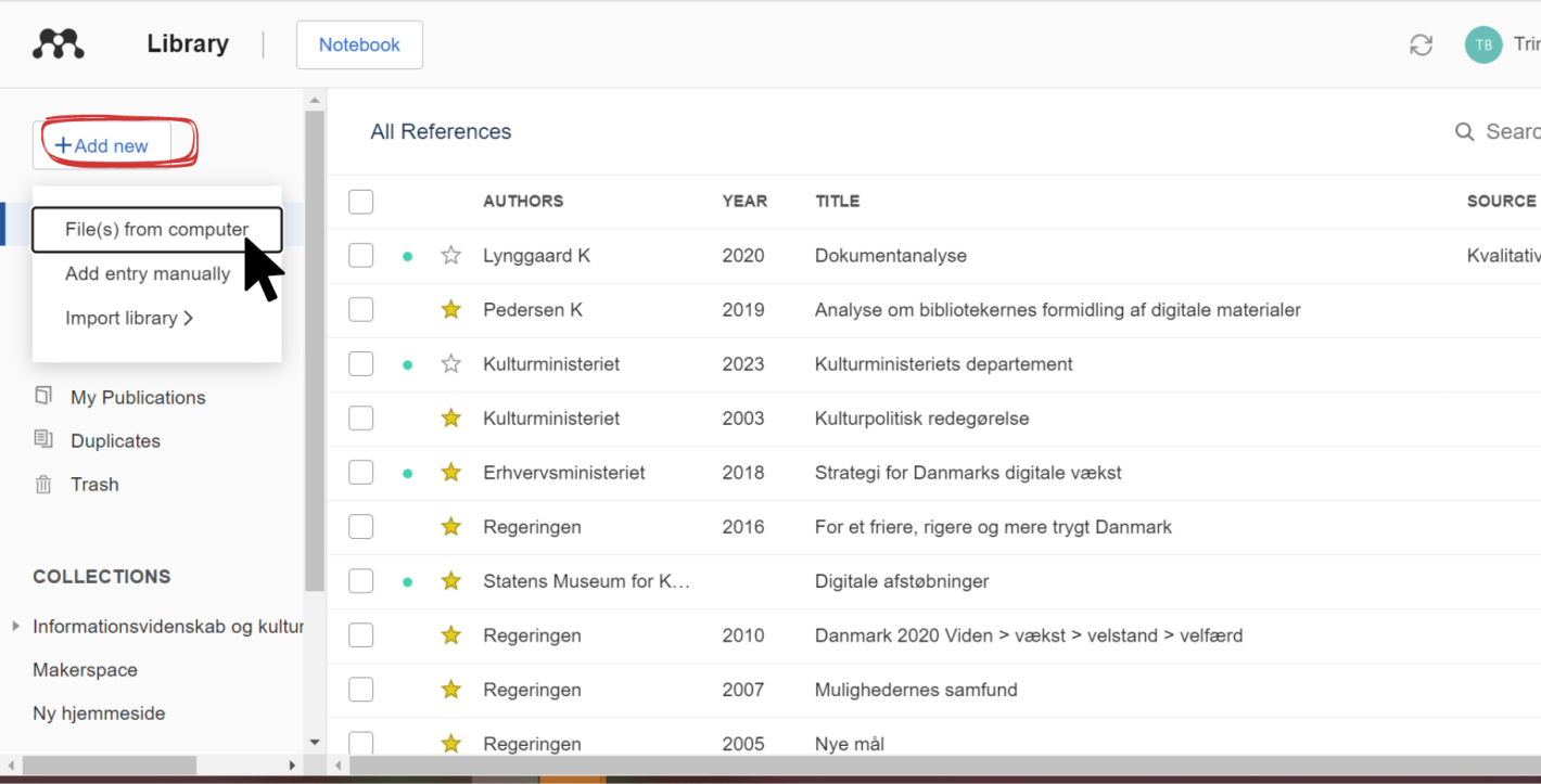 Skærmbillede der viser hvordan man tilføjer filer i Mendeley fra computeren
