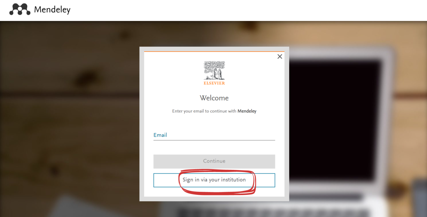 Skærmbillede der viser hvordan man opretter en konto hos Mendeley: første skridt, klik på "sign in via your institution"
