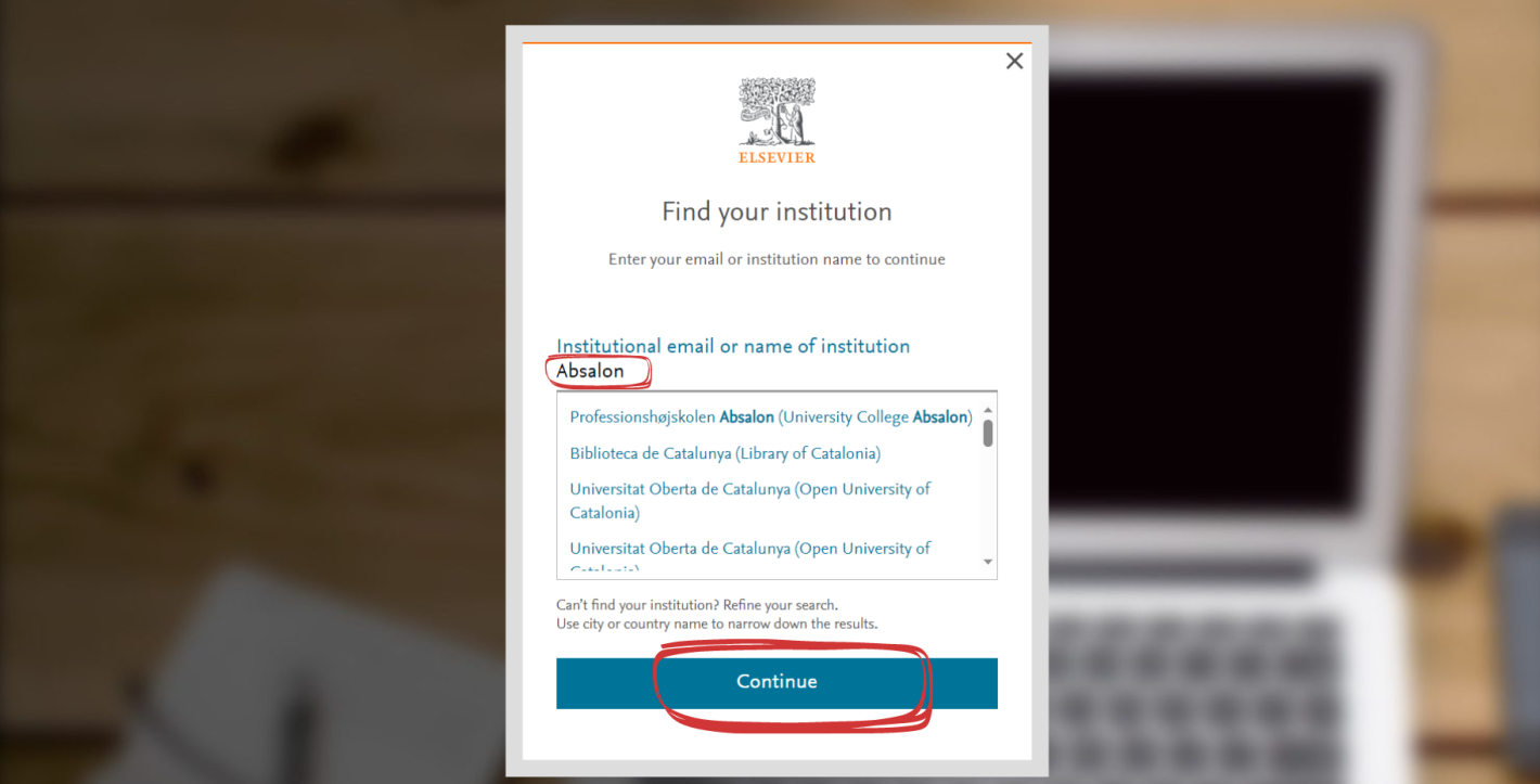 Skærmbillede der viser hvordan man opretter en konto hos Mendeley: andet skridt, Søg efter Absalon og klik på "Continue"