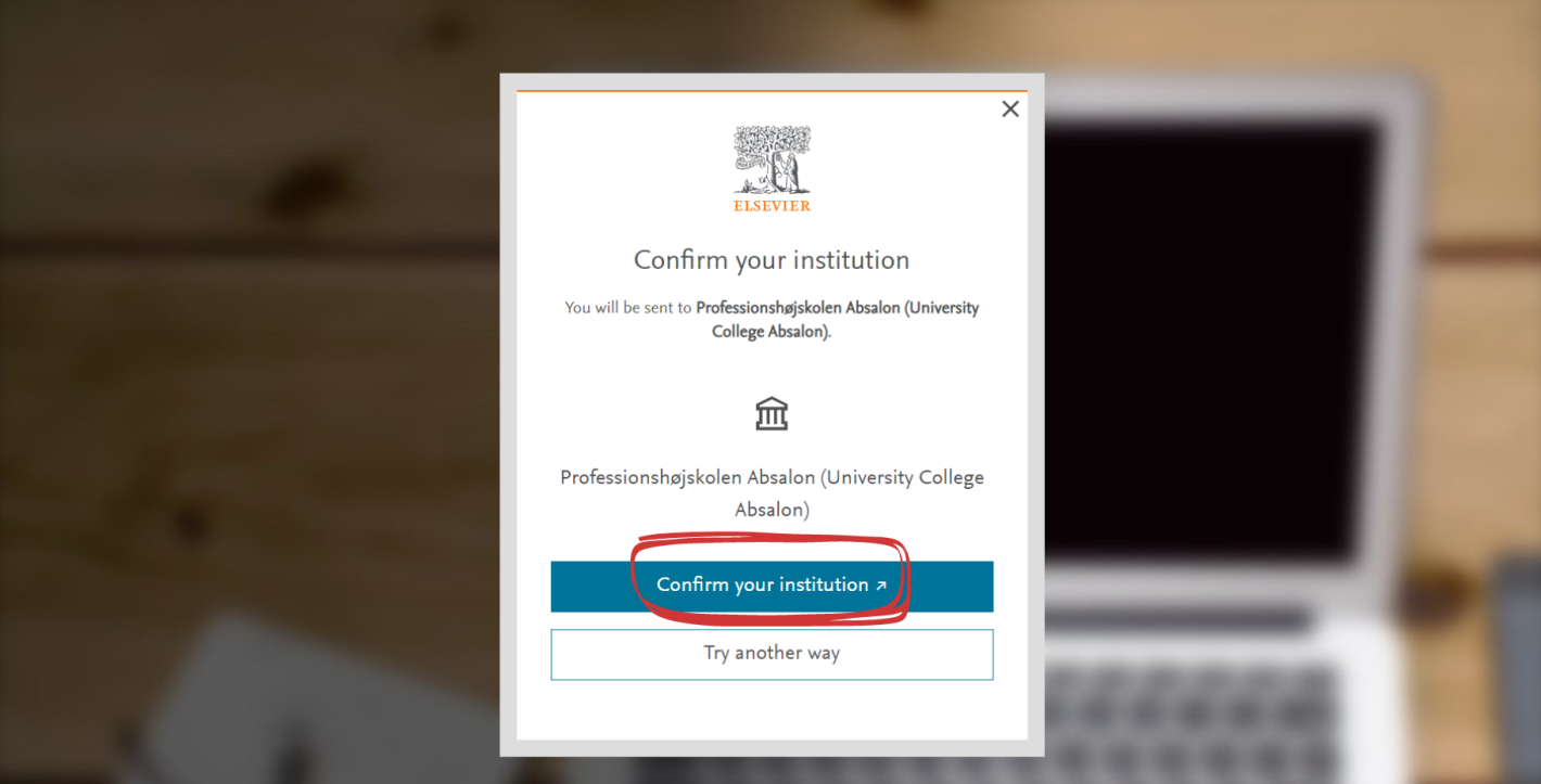 Skærmbillede der viser hvordan man opretter en konto hos Mendeley: tredje skridt, klik på "Confirm your institution" 