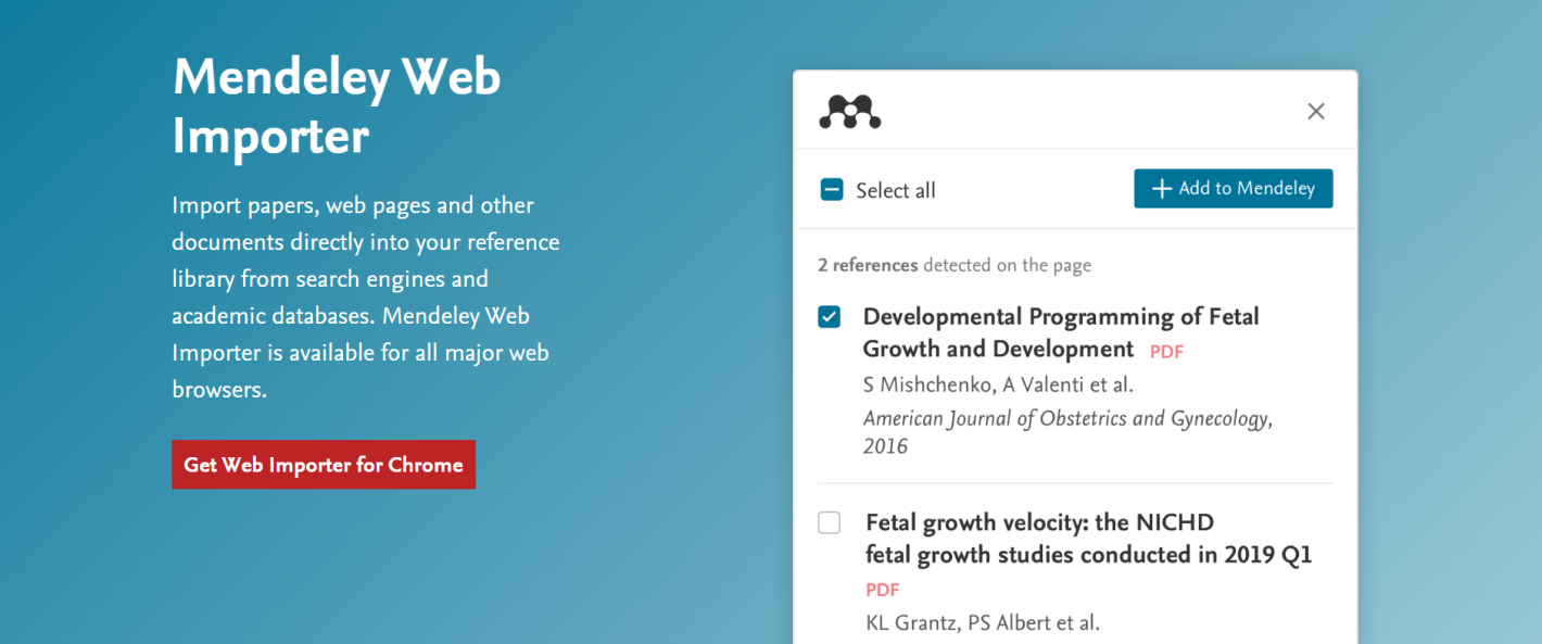 Skærmbillede der viser knappen hvorigennem du kan hente browserudvidelsen "Mendeley Web Importer"