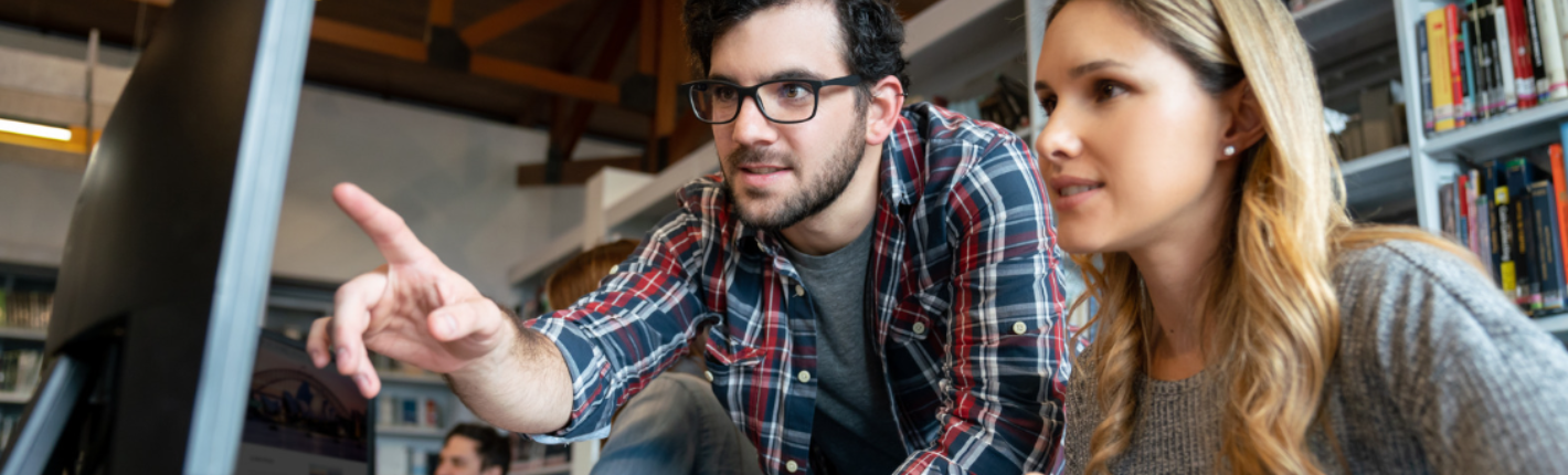 Billedet viser en mand i en rød-hvid-blå farvet skovmandsskjorte. Han peger på en computerskærm, mens en kvinde med blondt hår ser på skærmen. De befinder sig i et rum med bogreoler i baggrunden.