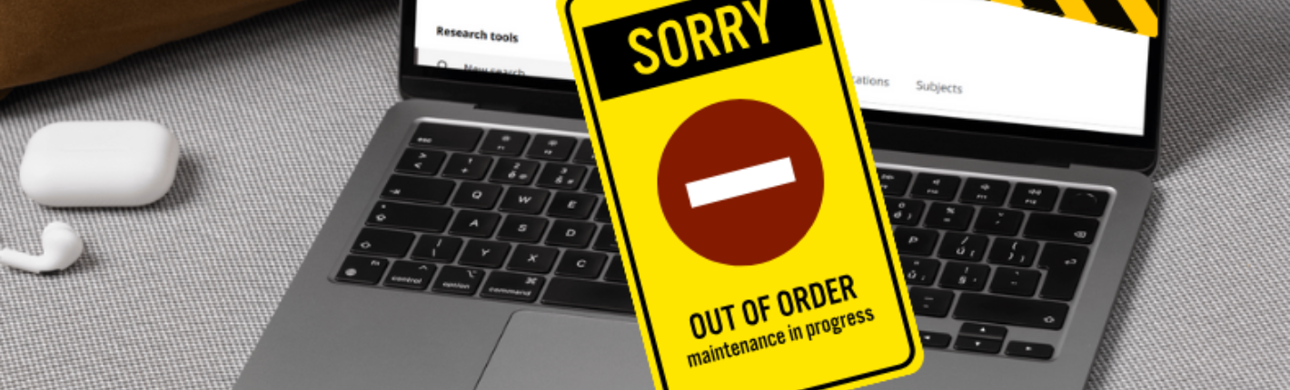 En computer logget ind på en Ebsco database er dækket af politi tape, hvorpå der hænger et gult skilt i midten med teksten "Sorry Out of Order""