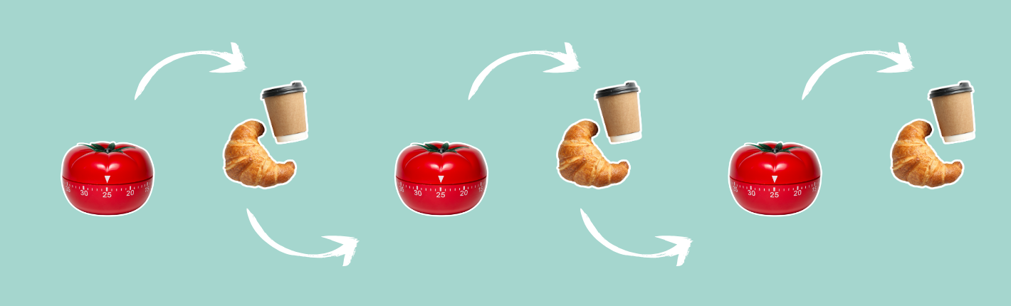 Billedet har en mintgrøn baggrund og viser tre klassiske røde køkkentimere formet som tomater – en visuel reference til Pomodoro-teknikken.