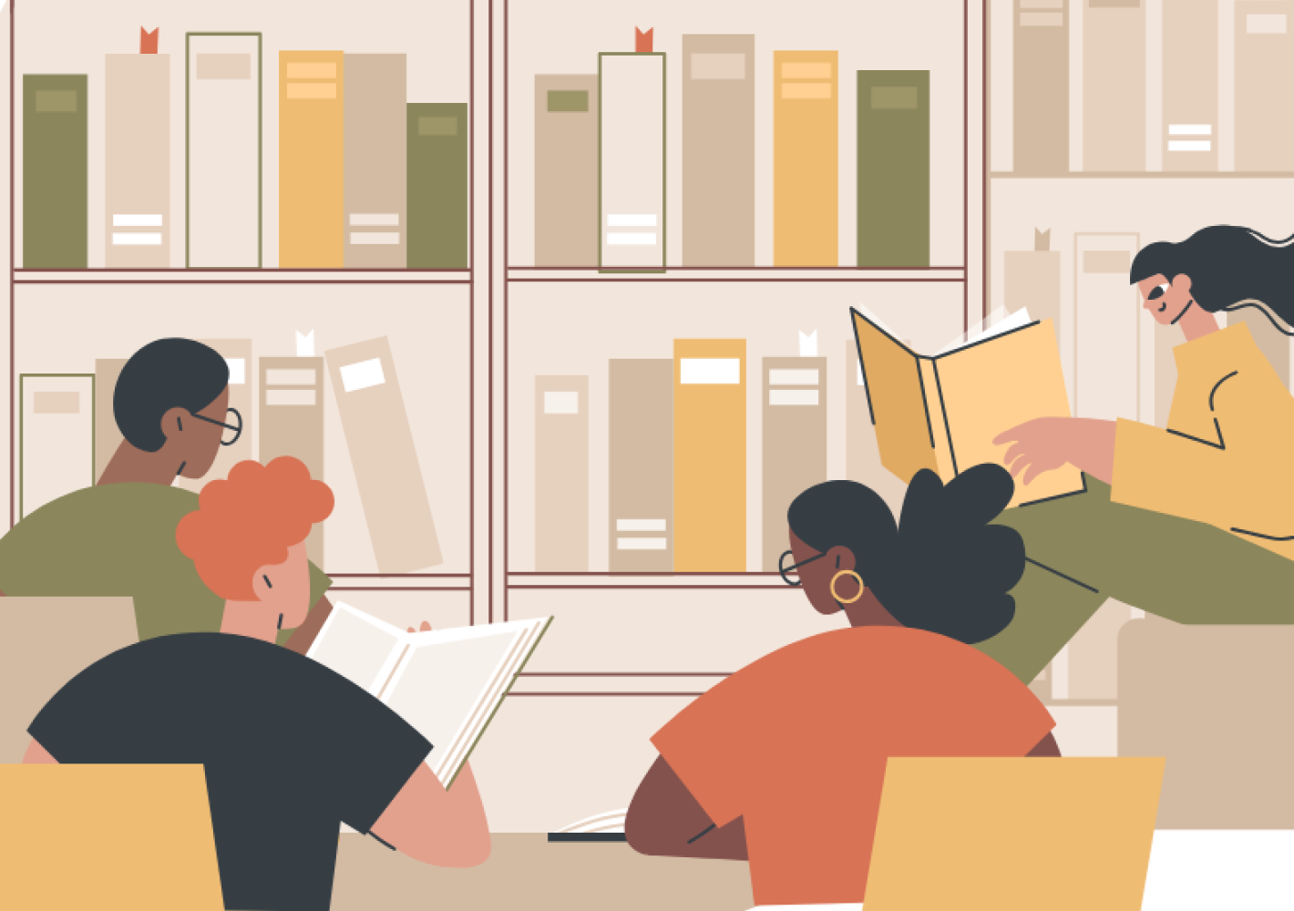 Illustration af fire personer, der læser bøger i et bibliotek. De sidder omkring borde foran en væg fyldt med bøger, dybt fokuserede på deres læsning.