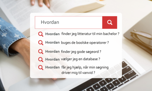 Billedet viser en persons hænder, der er placeret på en åben bog, hvorpå der hviler en computer. I midten er et tekstfelt som viser et søgefelt med teksten "Hvordan" og en række relaterede søgespørgsmål angivet med røde spørgsmålstegn. De listede spørgsmål omhandler søgning efter litteratur til en bacheloropgave, brug af boolske operatorer, valg af gode søgeord, valg af database, og hvordan man får hjælp ved søgninger, der fører til frustration.