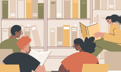 Illustration af fire personer, der læser bøger i et bibliotek. De sidder omkring borde foran en væg fyldt med bøger, dybt fokuserede på deres læsning.