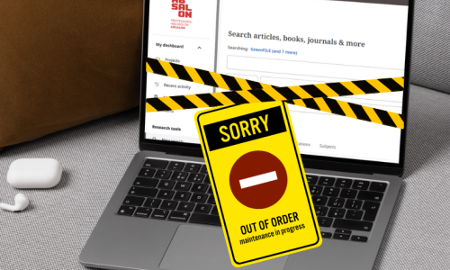 En computer logget ind på en Ebsco database er dækket af politi tape, hvorpå der hænger et gult skilt i midten med teksten "Sorry Out of Order""